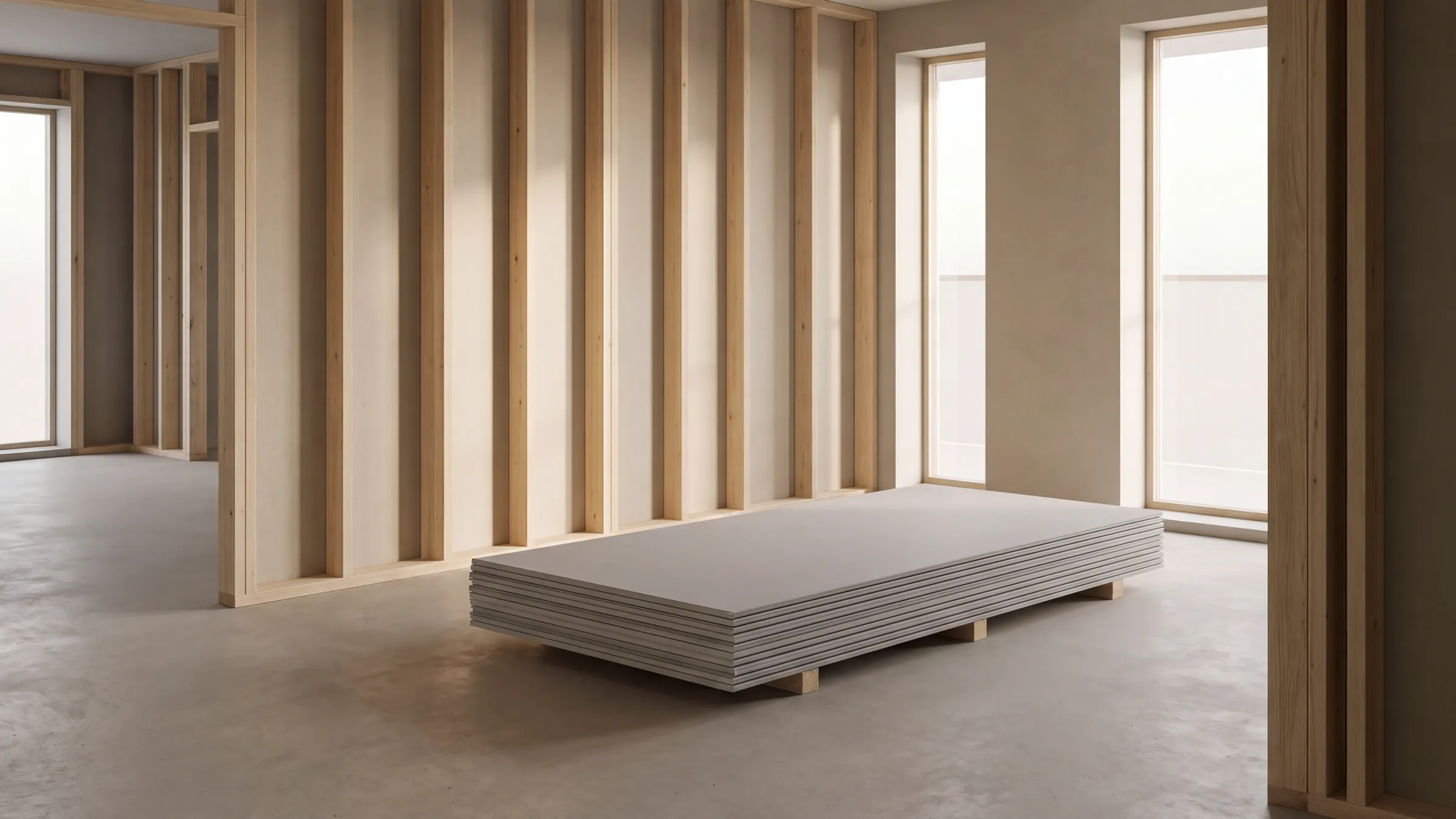 A clean new-build flat at first fix with exposed timber studwork and a flat stack of plasterboard on a concrete floor