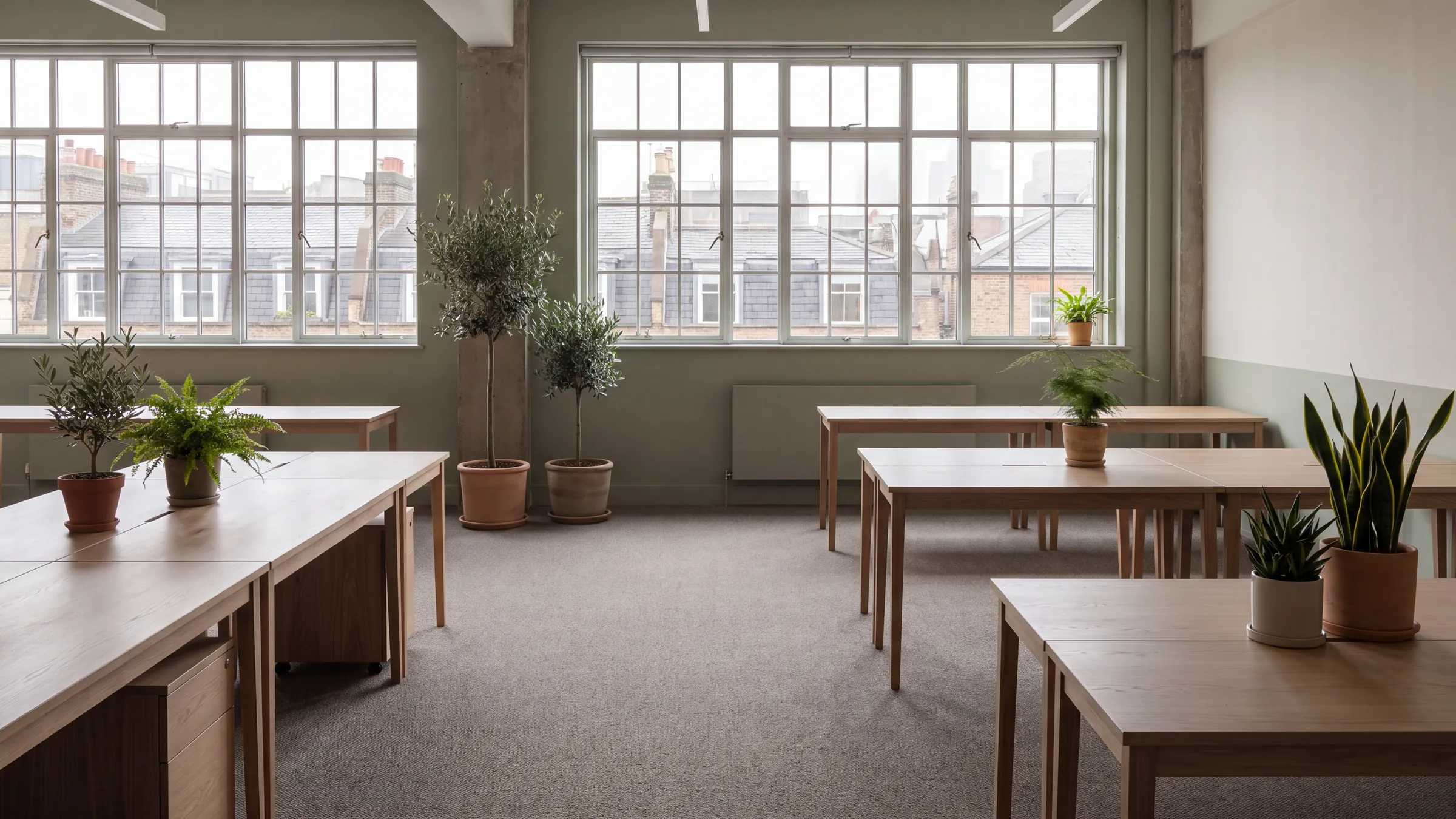 An empty open plan office with oak desks, potted plants and large windows over London rooftops