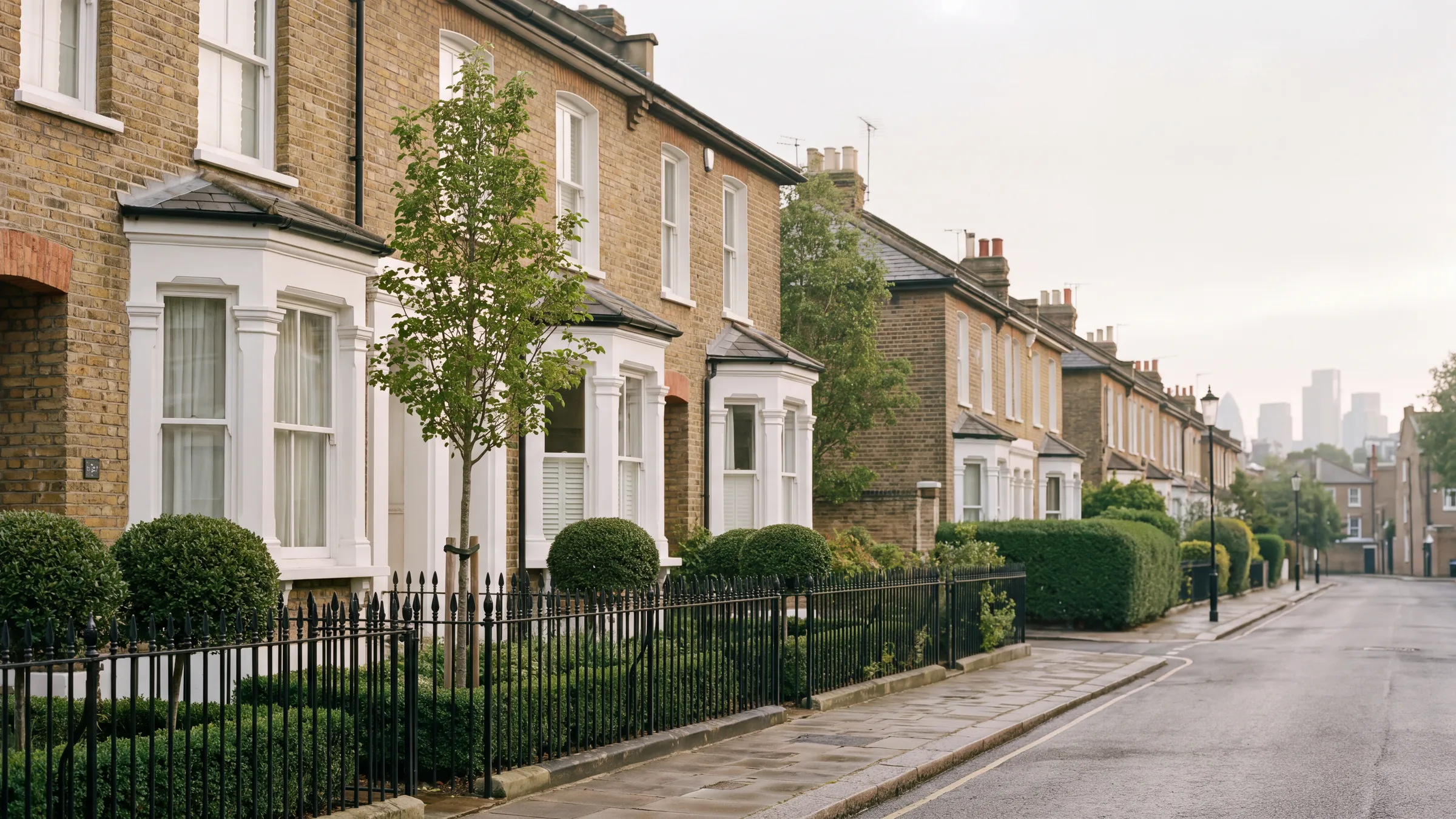 A quiet London Victorian terrace street in soft morning light with iron railings, clipped hedges and the City skyline faint in the distance