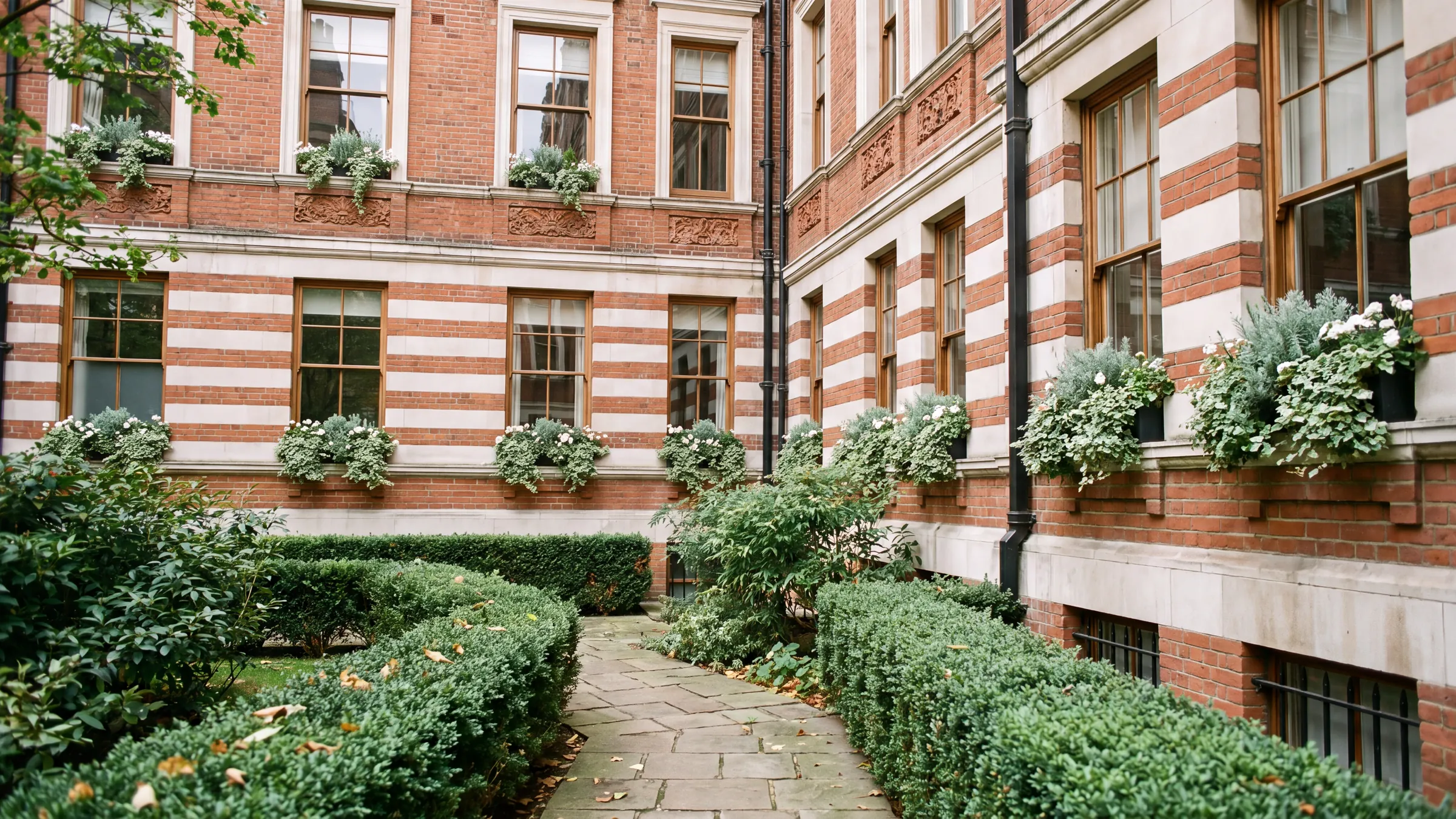 The garden courtyard of a red brick London mansion block with stone banding, sash windows and window boxes